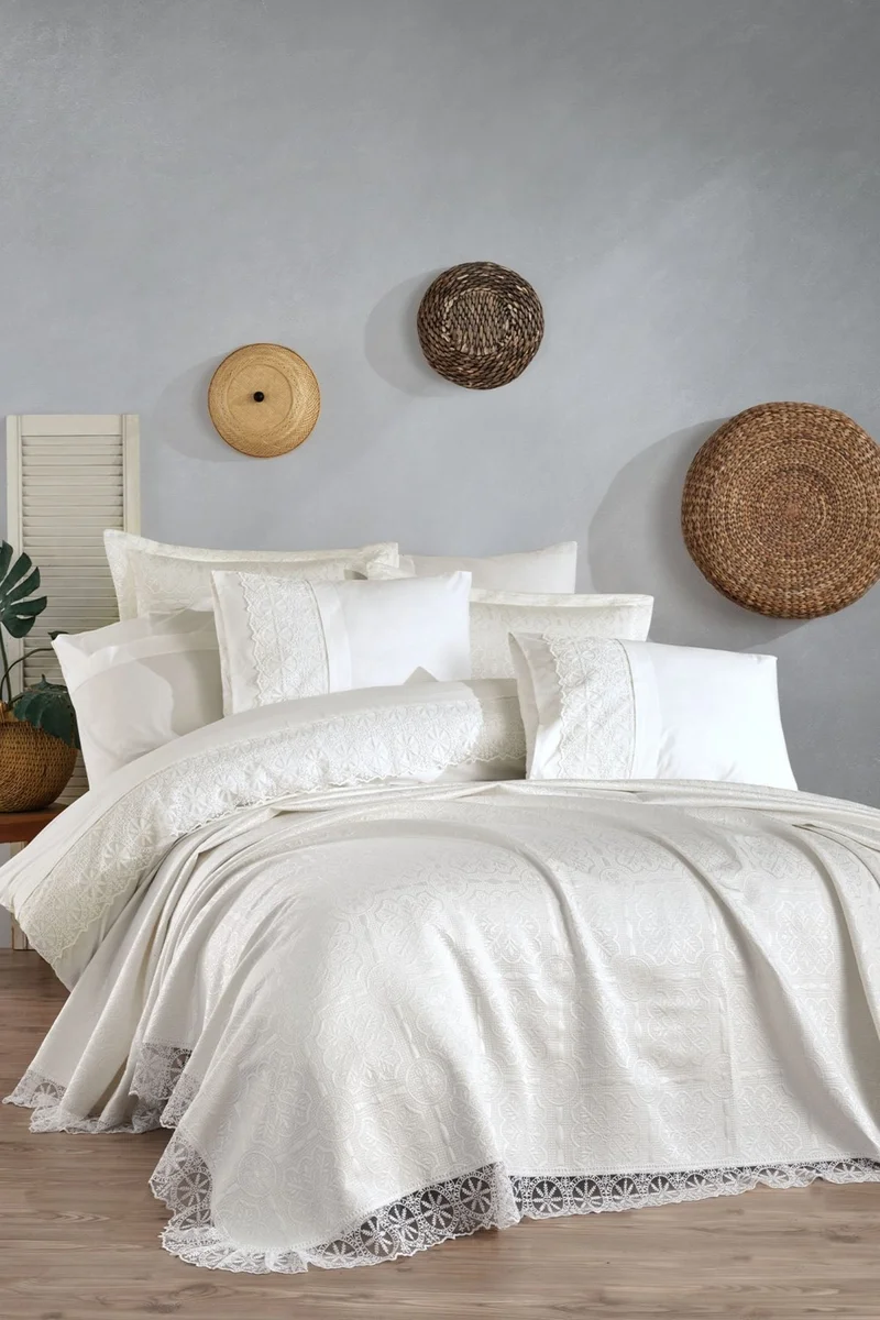 Elart Bedspread Set 3 Piece Double Chenille Fabric Snowflake Cream