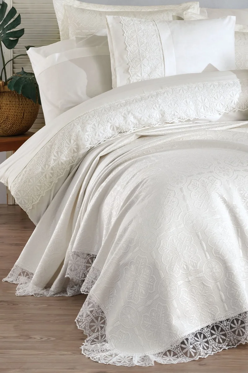 Elart Bedspread Set 3 Piece Double Chenille Fabric Snowflake Cream