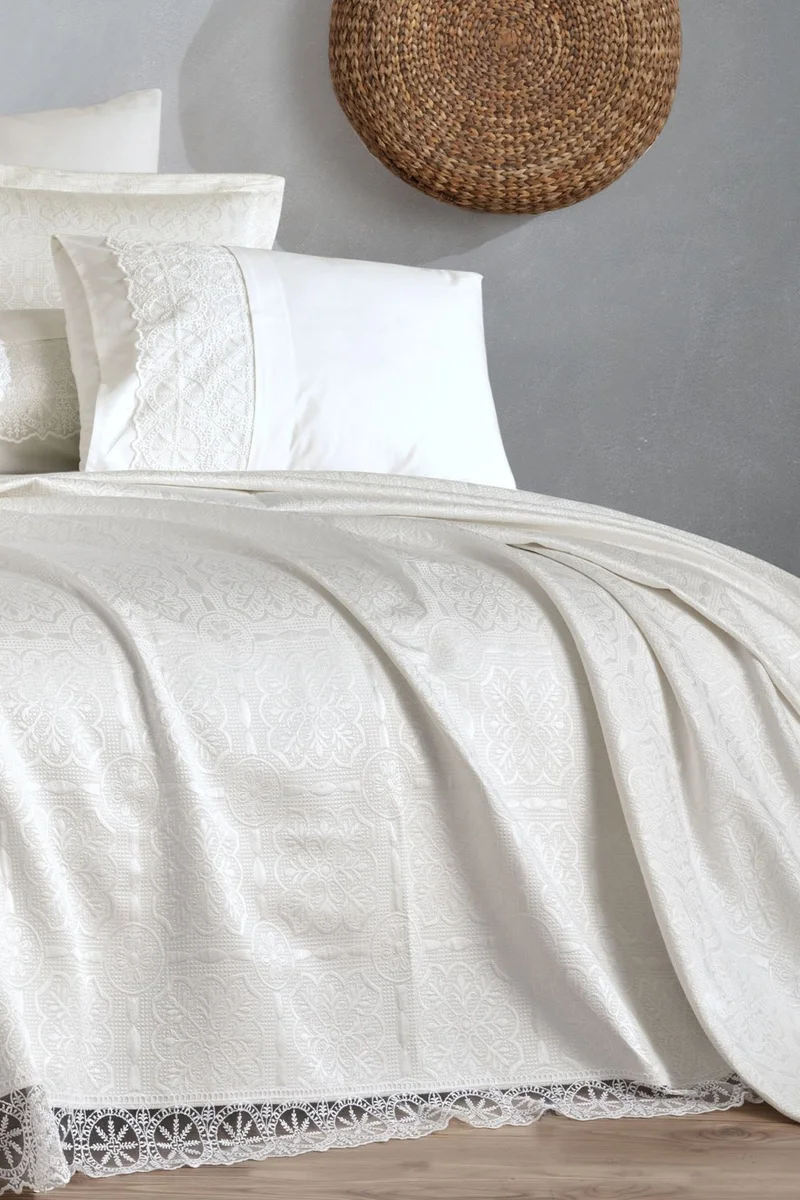 Elart Bedspread Set 3 Piece Double Chenille Fabric Snowflake Cream