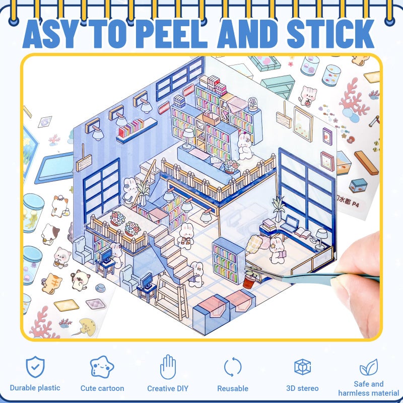 Abdkw 20 Sets DIY 3D Sticker Scene Book,Cute Cartoon Animal Isometric Scene,DIY 3D House Stickers Set,Sticker Therapy for Adults Kids,Conduce to Relief Stress Pass The Time,Easter Basket Stuffers Gifts - Image 3