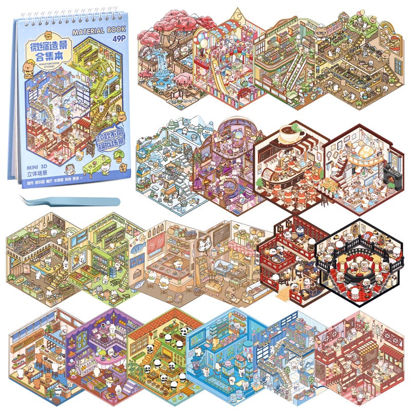 Abdkw 20 Sets DIY 3D Sticker Scene Book,Cute Cartoon Animal Isometric Scene,DIY 3D House Stickers Set,Sticker Therapy for Adults Kids,Conduce to Relief Stress Pass The Time,Easter Basket Stuffers Gifts - Image 1