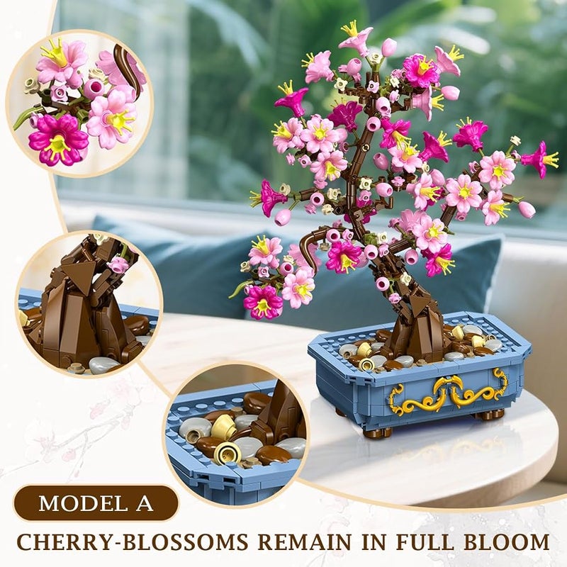 أطفال الهوغوز HOGOKIDS Cherry Blossom Building Kits - 2-in-1 Bonsai Tree Plants Building Toys for Home Decoration, Artificial Botanical Cherry Blossom Pot Blocks, Creative Gifts for Adults Girls (775 Pieces) - Image 4