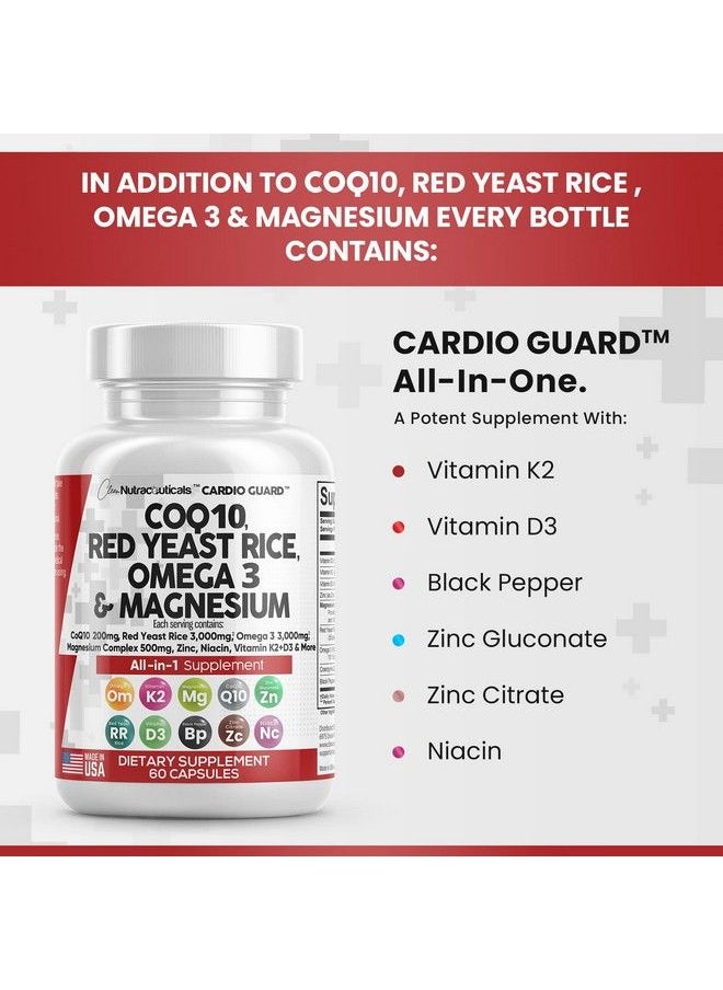 Clean Nutraceuticals - Coq10 200Mg Red Yeast Rice 3000Mg Omega 3 3000Mg Magnesium Complex 500Mg Niacin Zinc Vitamin K2 D3 Heart Health Support Vitamins For Women And Men With Vitamin B3 Coenzyme Q10 Made In Usa 60 Caps - Image 1
