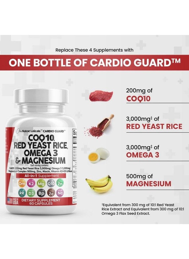 Clean Nutraceuticals - Coq10 200Mg Red Yeast Rice 3000Mg Omega 3 3000Mg Magnesium Complex 500Mg Niacin Zinc Vitamin K2 D3 Heart Health Support Vitamins For Women And Men With Vitamin B3 Coenzyme Q10 Made In Usa 60 Caps - Image 1
