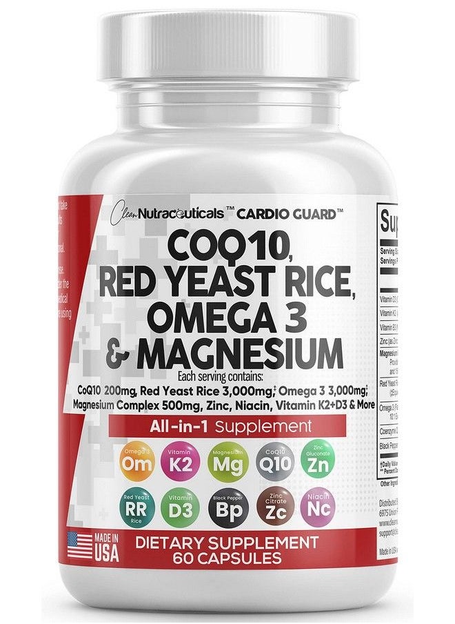 Clean Nutraceuticals - Coq10 200Mg Red Yeast Rice 3000Mg Omega 3 3000Mg Magnesium Complex 500Mg Niacin Zinc Vitamin K2 D3 Heart Health Support Vitamins For Women And Men With Vitamin B3 Coenzyme Q10 Made In Usa 60 Caps - Image 1