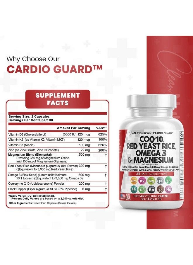 Clean Nutraceuticals - Coq10 200Mg Red Yeast Rice 3000Mg Omega 3 3000Mg Magnesium Complex 500Mg Niacin Zinc Vitamin K2 D3 Heart Health Support Vitamins For Women And Men With Vitamin B3 Coenzyme Q10 Made In Usa 60 Caps - Image 1
