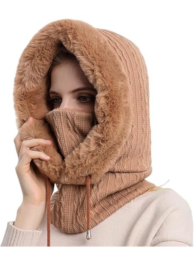 Women Winter One Piece Beanie Hat Slouchy Fleece Balaclavas Face Mask Neck Scarf Set Earmuff Ski Snow Knit Hats (Khaki) - Image 1