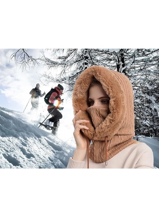 Women Winter One Piece Beanie Hat Slouchy Fleece Balaclavas Face Mask Neck Scarf Set Earmuff Ski Snow Knit Hats (Khaki) - Image 2