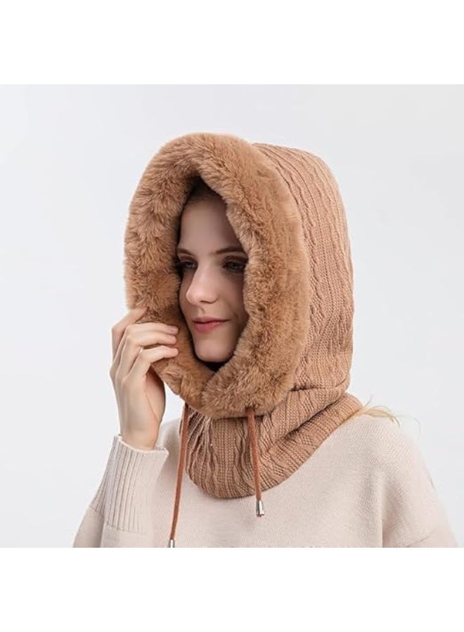 Women Winter One Piece Beanie Hat Slouchy Fleece Balaclavas Face Mask Neck Scarf Set Earmuff Ski Snow Knit Hats (Khaki) - Image 4