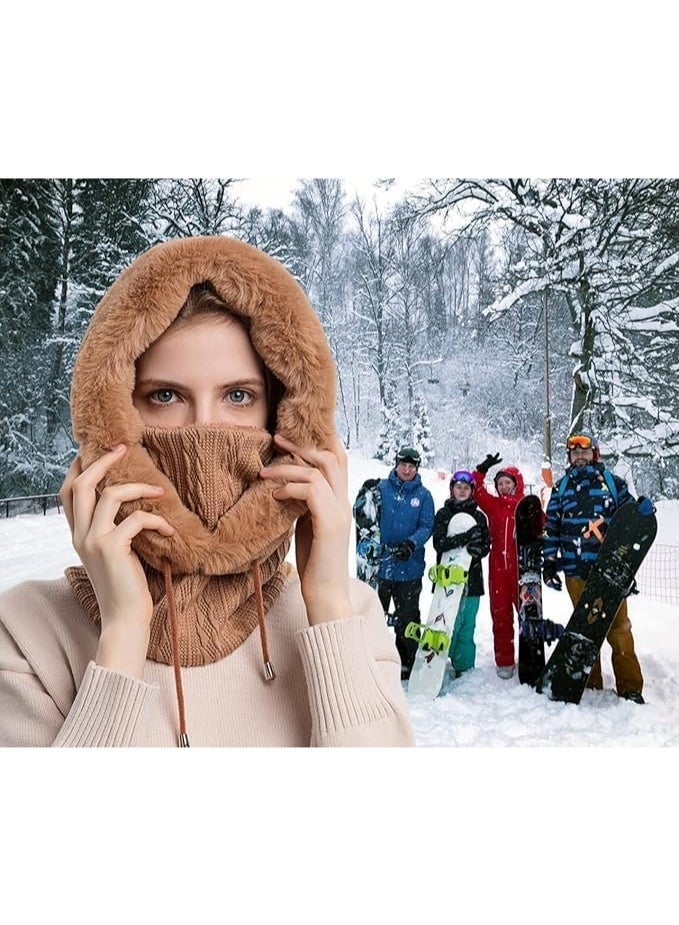 Women Winter One Piece Beanie Hat Slouchy Fleece Balaclavas Face Mask Neck Scarf Set Earmuff Ski Snow Knit Hats (Khaki) - Image 5