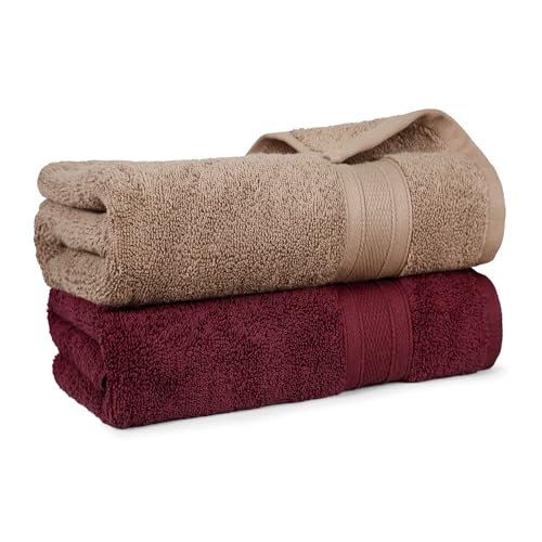 MYTRIDENT Soft Comfort Air Rich 100% Cotton Towels for Bath, 500 GSM Large Size Bathroom Towels for Men/Women, 2PC Bath (69 cm x 137 cm), Acorn and Wine Red - Image 1