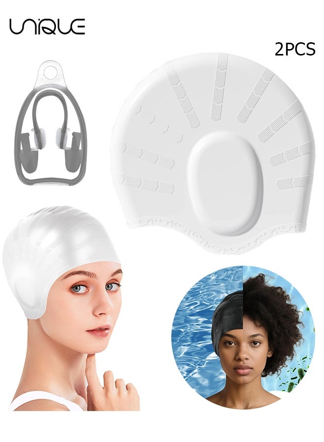 Unique 2 PCS - Swim Caps with 3D Ear Protection - Nose Clips and Earplug Sets for Swimmers - Waterproof Design - High Quality - Textured Pattern - Stretchy and Comfortable Swim Cap Adult Unisex Silicone Swim Cap - for Swimming Training and Beginners - Black/White - Image 1