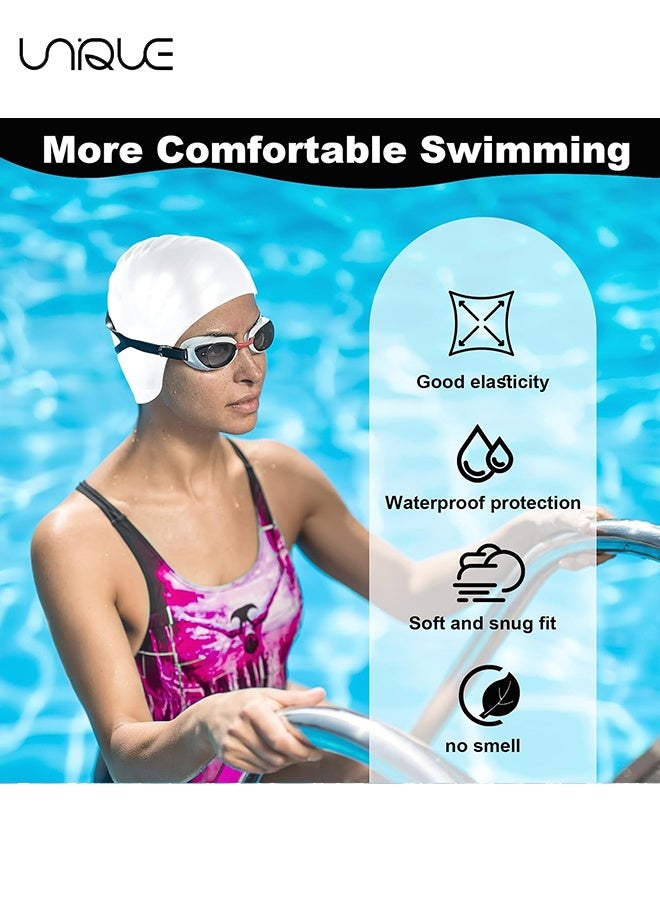 Unique 2 PCS - Swim Caps with 3D Ear Protection - Nose Clips and Earplug Sets for Swimmers - Waterproof Design - High Quality - Textured Pattern - Stretchy and Comfortable Swim Cap Adult Unisex Silicone Swim Cap - for Swimming Training and Beginners - Black/White - Image 4