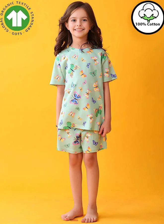 Anthrilo Girls Green Butterfly Cotton T-Shirt and Shorts Set