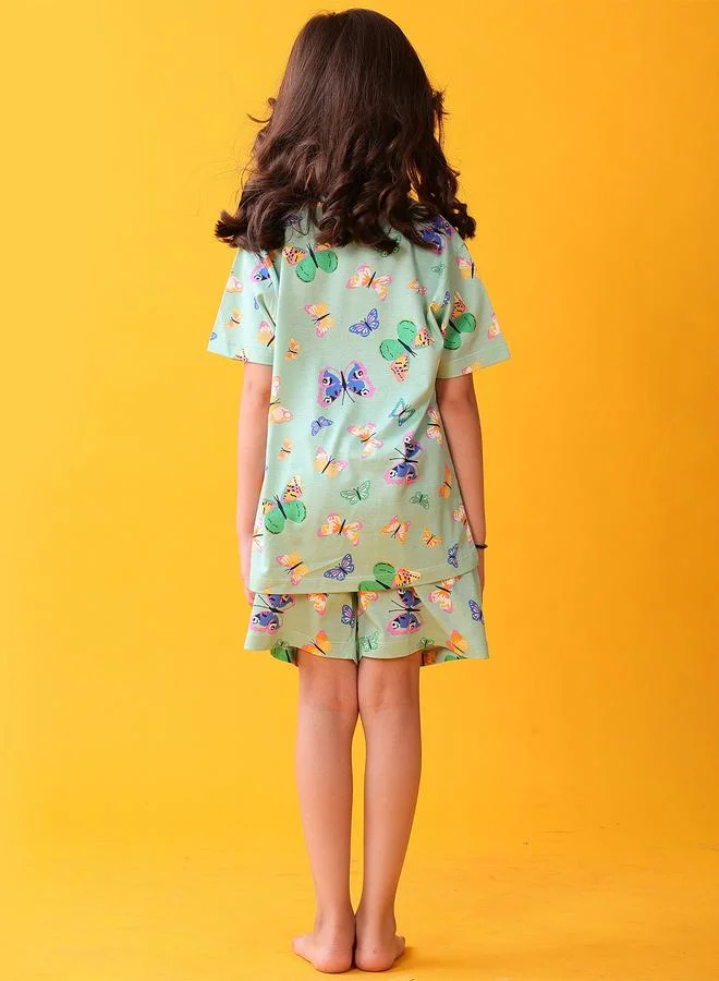Anthrilo Girls Green Butterfly Cotton T-Shirt and Shorts Set