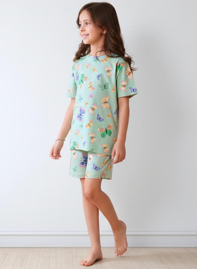 Anthrilo Girls Green Butterfly Cotton T-Shirt and Shorts Set - Image 2