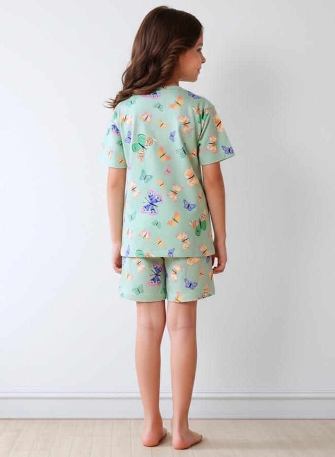 Anthrilo Girls Green Butterfly Cotton T-Shirt and Shorts Set - Image 3