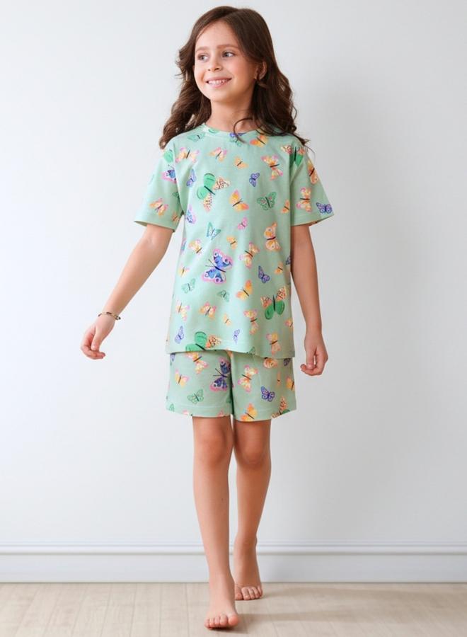 Anthrilo Girls Green Butterfly Cotton T-Shirt and Shorts Set - Image 1