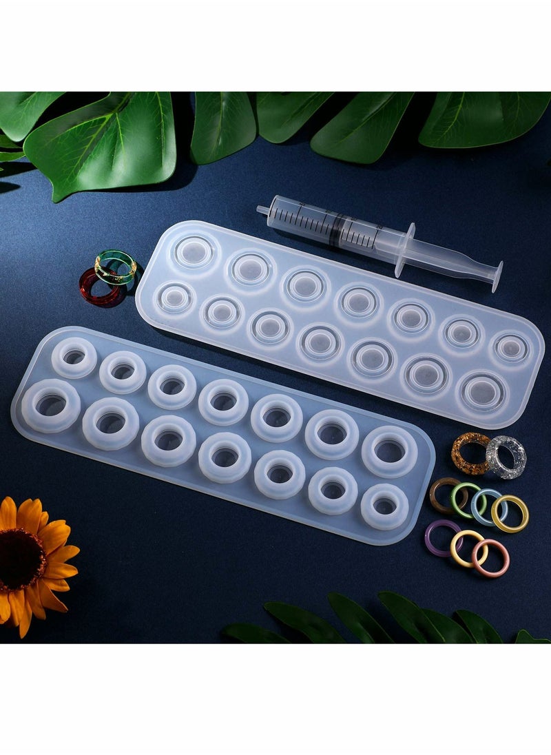 2 Pieces Resin Ring Molds Silicone Ring Molds Assorted Sizes Ring Casting Mold Resin Casting Circle Jewelry Molds with Syringe in 20 ml for DIY Craft Ring Making