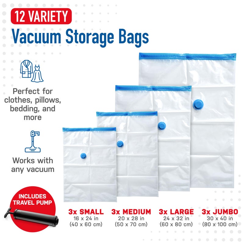 Spacesaver Variety Vacuum Storage Bags for Comforters, Blankets & Clothes â€“ Sealed Compression Bags with Hand Pump â€“ Space Saver Bags for Bedding,Travel & Organization - 3S, 3M, 3L & 3XL - Pack of 12 - Image 3