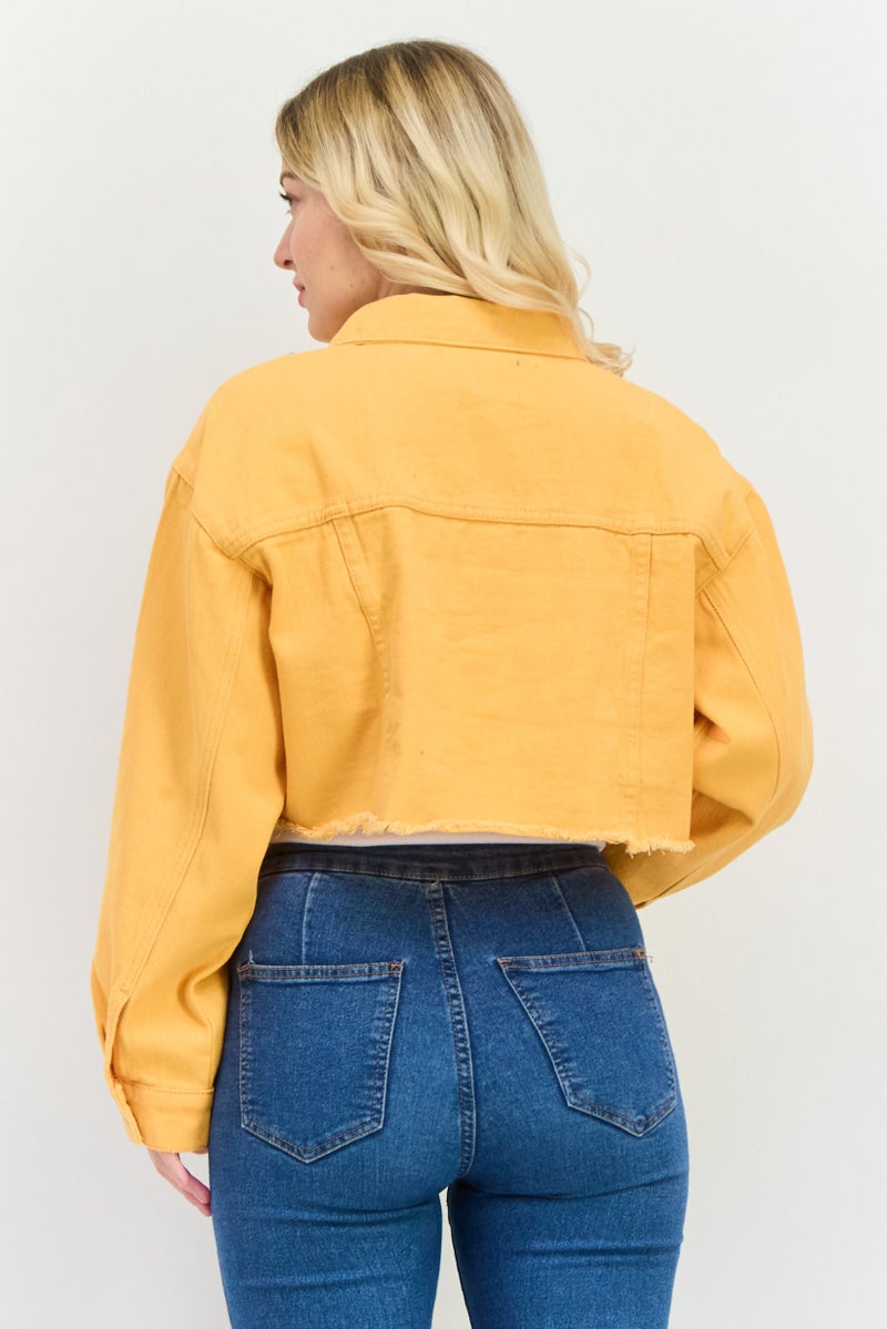 Signature 8 Women Plain Denim Jacket, Yellow  - Image 3