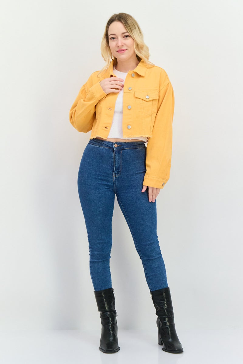 Signature 8 Women Plain Denim Jacket, Yellow  - Image 4