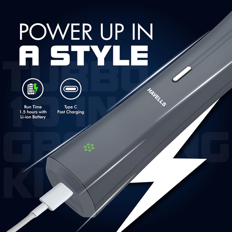 Havells مجموعة حلاقة هافيلز تيربو 10 في 1 ماكينة حلاقة الشعر للوجه والأذن والأنف بدون جروح GS6110 للجنسين رمادي - Image 5