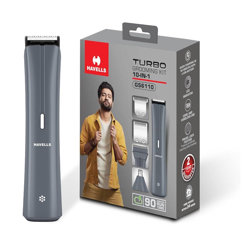Havells مجموعة حلاقة هافيلز تيربو 10 في 1 ماكينة حلاقة الشعر للوجه والأذن والأنف بدون جروح GS6110 للجنسين رمادي - Image 2