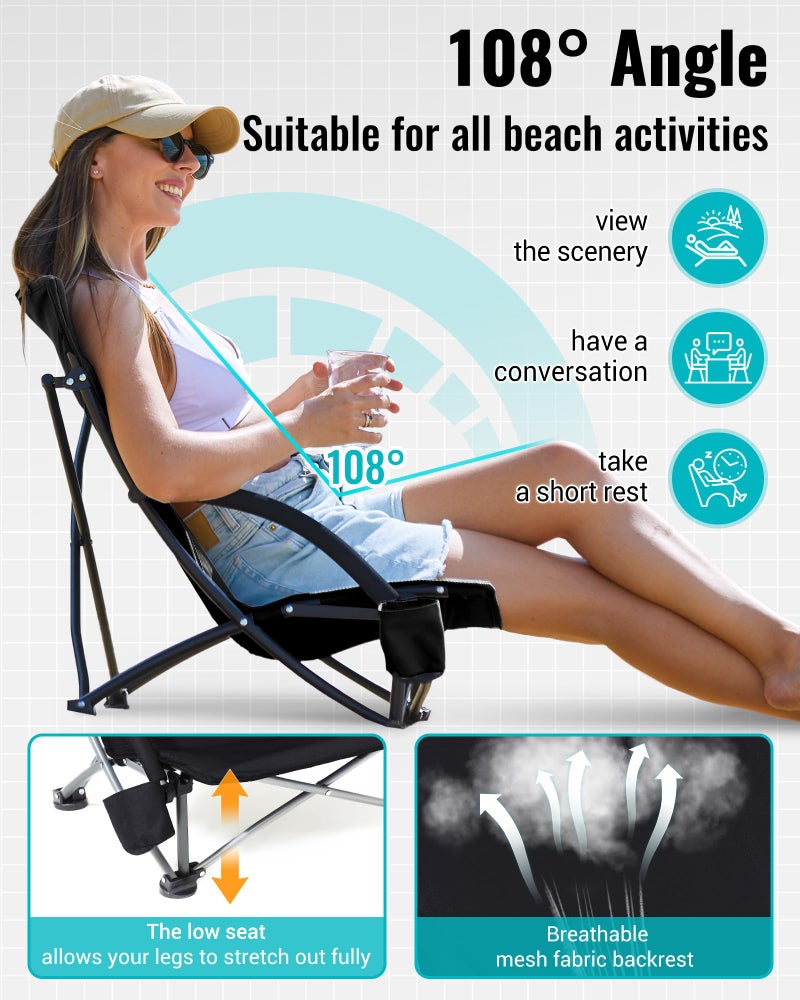 KingCamp Low Beach Chairs 2 Pack, Folding Portable Chair for Adults Lightweight Extra Wide Ergonomic Seat 300lbs Heavy Duty Oversized Backpack Gear with Carry Bag for Outdoor Lawn Camping Picnic - Image 5