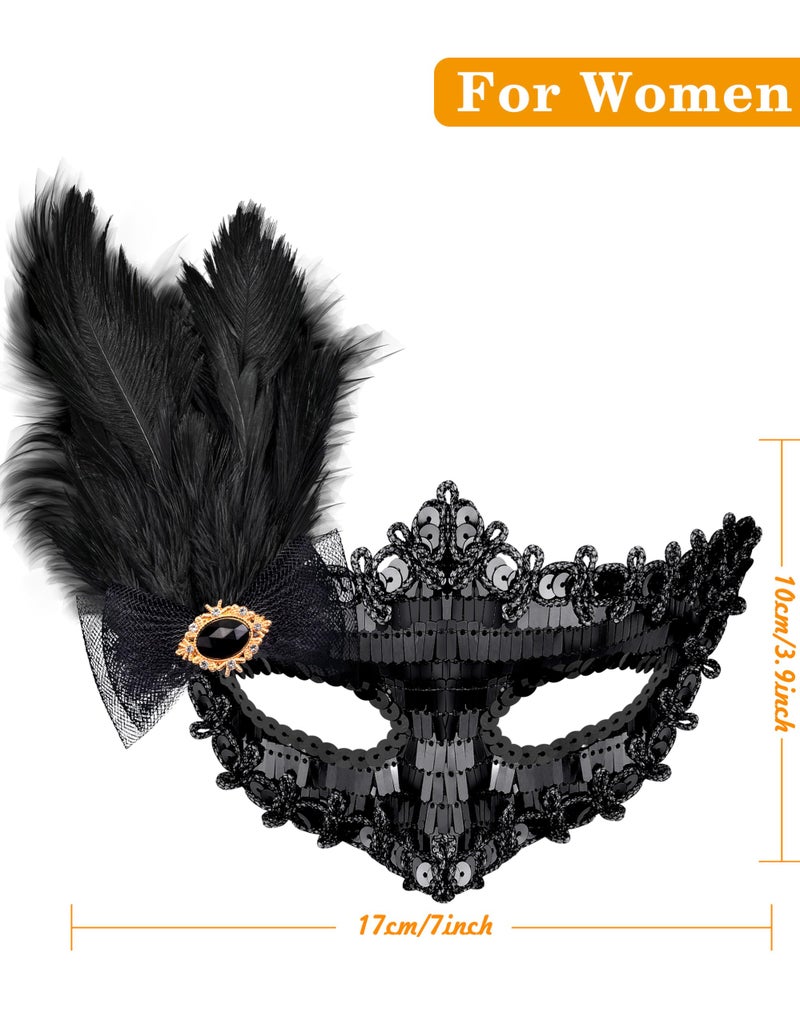 SIQUK Feather Masquerade Mask Couples Set Black Masquerade Masks Venetian Mask Party Costume Mask Feather Masks for Couple Women Men - Image 3