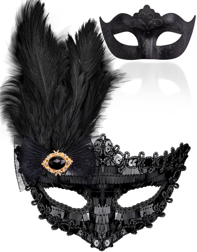 SIQUK Feather Masquerade Mask Couples Set Black Masquerade Masks Venetian Mask Party Costume Mask Feather Masks for Couple Women Men - Image 1