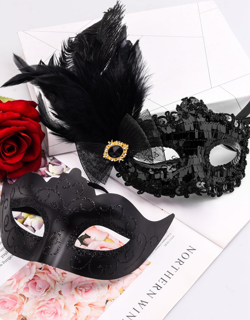 SIQUK Feather Masquerade Mask Couples Set Black Masquerade Masks Venetian Mask Party Costume Mask Feather Masks for Couple Women Men - Image 4