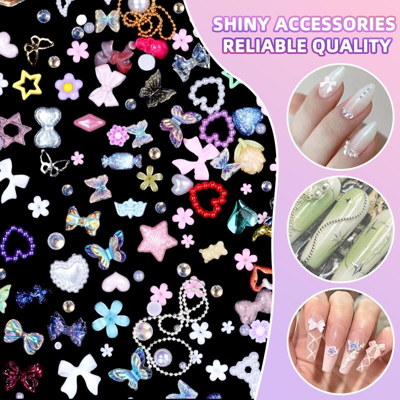 Cynailli 3D Nail Charms Set, Color Flower Bow Moon Heart Star Nail Art Charms, Half Round Pearl & Flatback Gems AB, Hollow Butterfly Alloy Nail Art Supplies DIY Accessories - Image 5