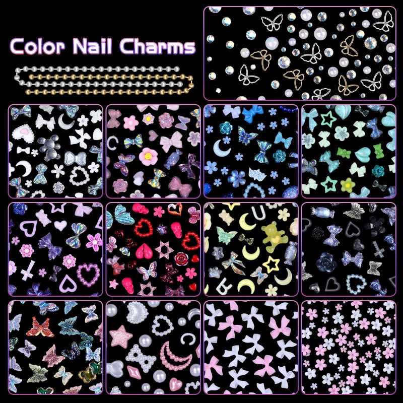 Cynailli 3D Nail Charms Set, Color Flower Bow Moon Heart Star Nail Art Charms, Half Round Pearl & Flatback Gems AB, Hollow Butterfly Alloy Nail Art Supplies DIY Accessories - Image 4