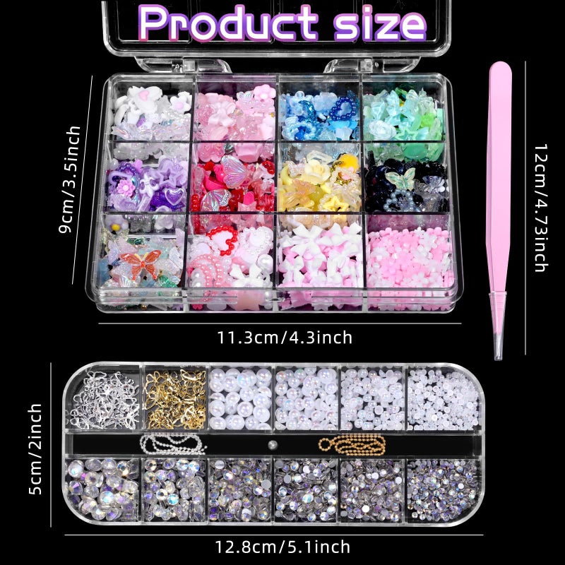 Cynailli 3D Nail Charms Set, Color Flower Bow Moon Heart Star Nail Art Charms, Half Round Pearl & Flatback Gems AB, Hollow Butterfly Alloy Nail Art Supplies DIY Accessories - Image 3