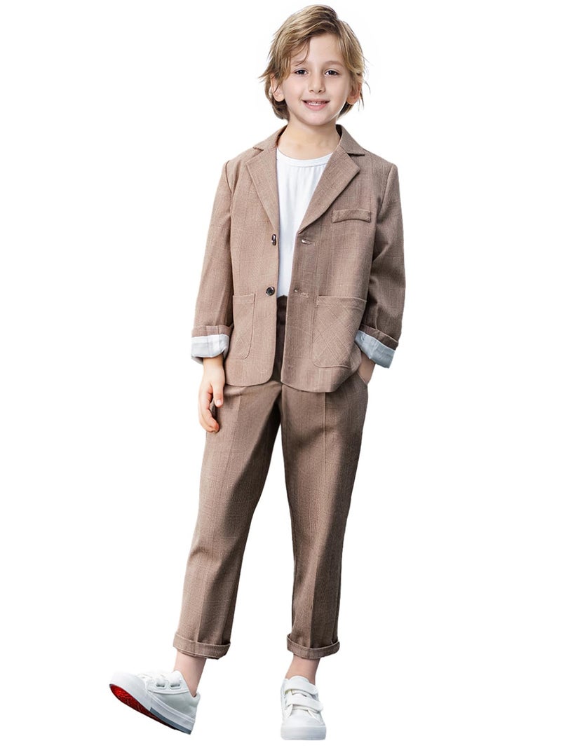 LOLANTA Boys Casual Suits Wedding Outfits Kids 2 Piece Gentleman Blazer and Pants Set DresswearKhaki 1012