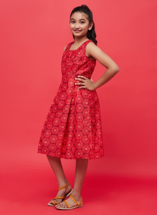 AKS Red Ethnic Motifs Fit and Flare Dress for Girls - Image 4