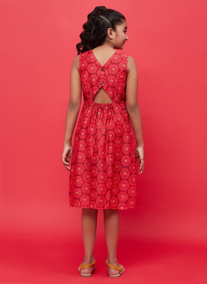 AKS Red Ethnic Motifs Fit and Flare Dress for Girls - Image 5