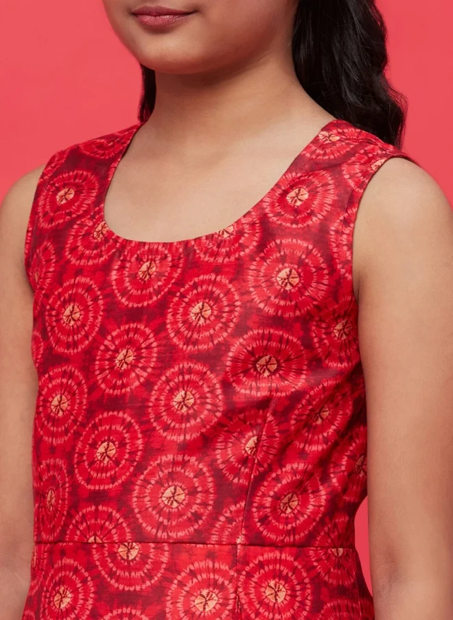 AKS Red Ethnic Motifs Fit and Flare Dress for Girls