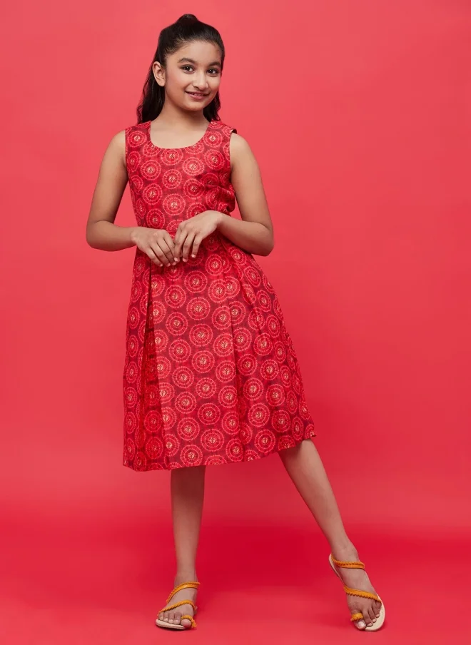 AKS Red Ethnic Motifs Fit and Flare Dress for Girls