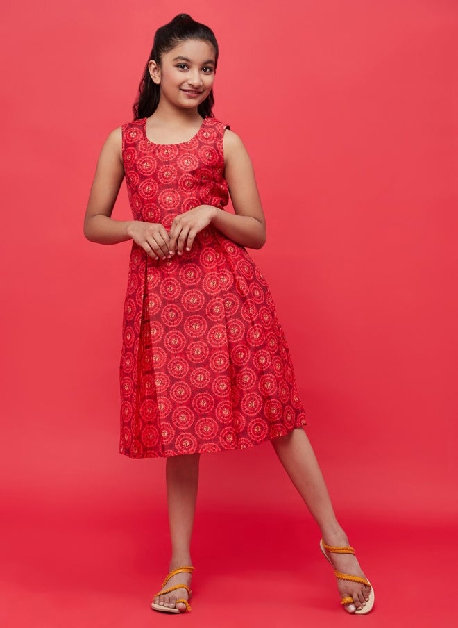 AKS Red Ethnic Motifs Fit and Flare Dress for Girls - Image 1