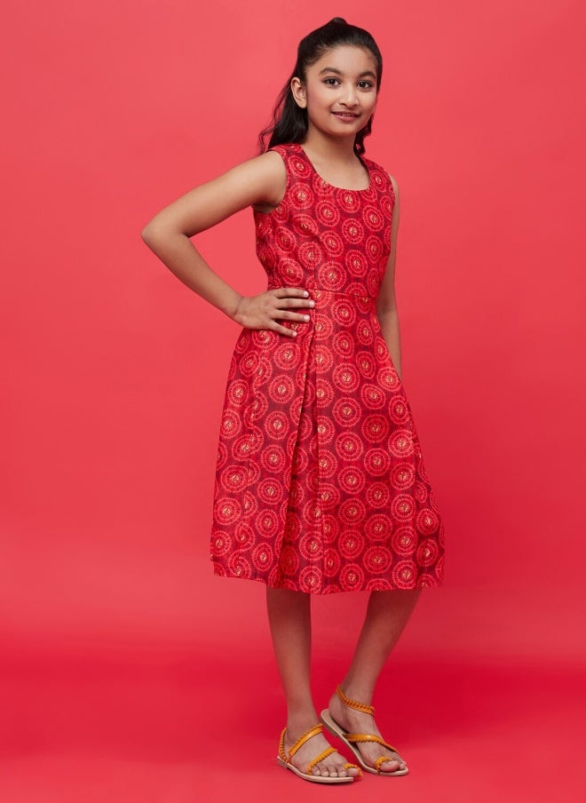 AKS Red Ethnic Motifs Fit and Flare Dress for Girls - Image 3
