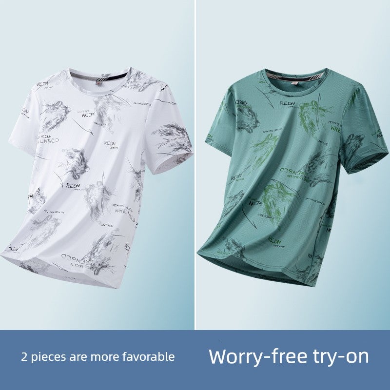 Ice silk short-sleeved T-shirt for men's summer thin trendy printed T-shirt, fashionable wrinkle-resistant ice-cold half-sleeved handsome top - Image 3