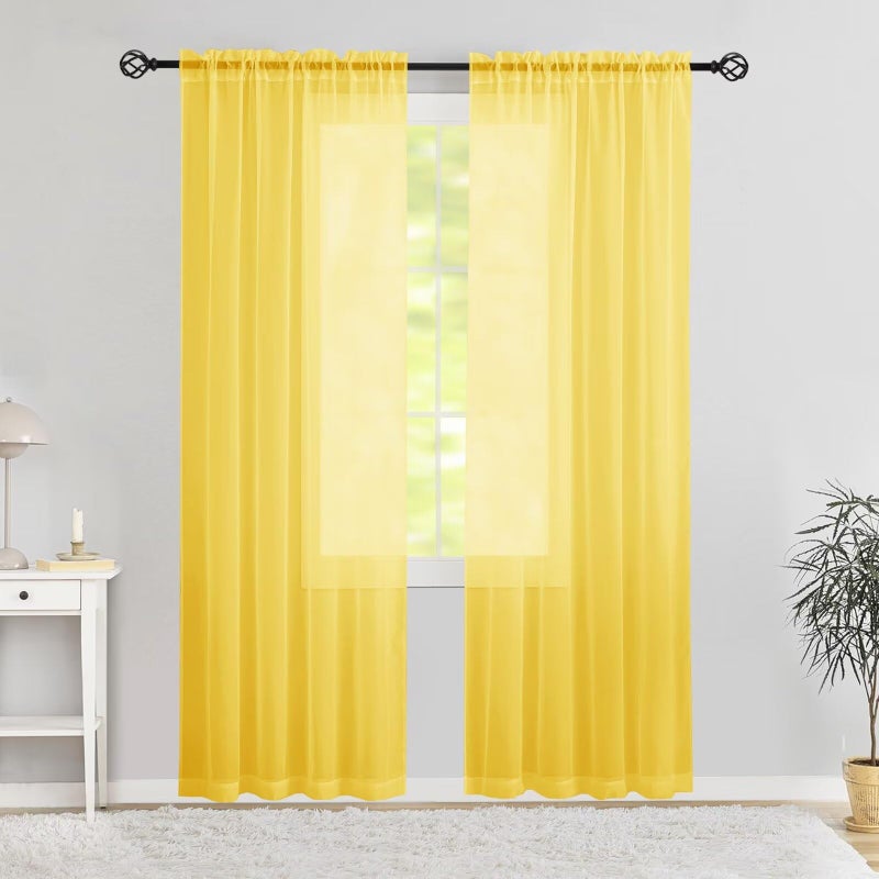 Karseteli Semi Voile Sheer Curtains 84 Inches Long 2 Panels Rod Pocket Window Treatment for Living Room Bedroom Dining Room(Yellow 42" W x 84" L) - Image 1