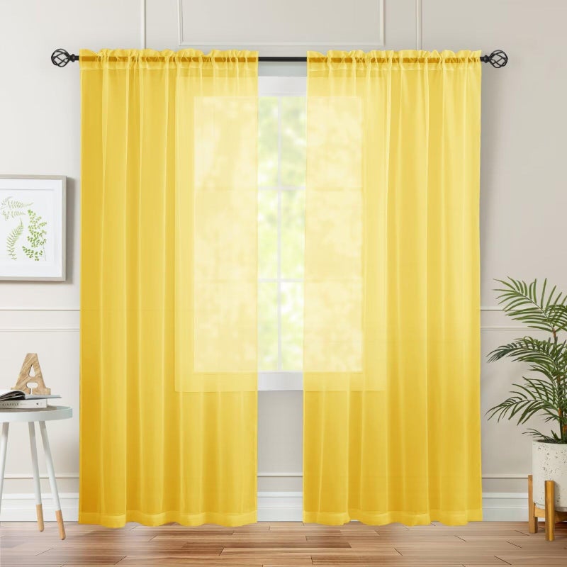 Karseteli Semi Voile Sheer Curtains 84 Inches Long 2 Panels Rod Pocket Window Treatment for Living Room Bedroom Dining Room(Yellow 42" W x 84" L) - Image 3