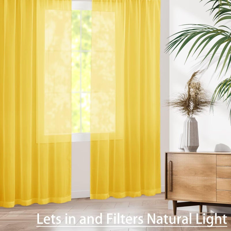 Karseteli Semi Voile Sheer Curtains 84 Inches Long 2 Panels Rod Pocket Window Treatment for Living Room Bedroom Dining Room(Yellow 42" W x 84" L) - Image 4