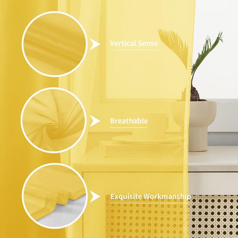 Karseteli Semi Voile Sheer Curtains 84 Inches Long 2 Panels Rod Pocket Window Treatment for Living Room Bedroom Dining Room(Yellow 42" W x 84" L) - Image 5