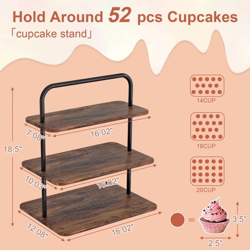 VyGrow Cupcake Stand, 3-Tier Dessert Stand for 52 Cupcakes, Wood & Metal Tower Display Premium Holder Dessert Tree Tower for Christmas Birthday Weddings Party Decor, Serving Tray, Wood Brown - Image 2