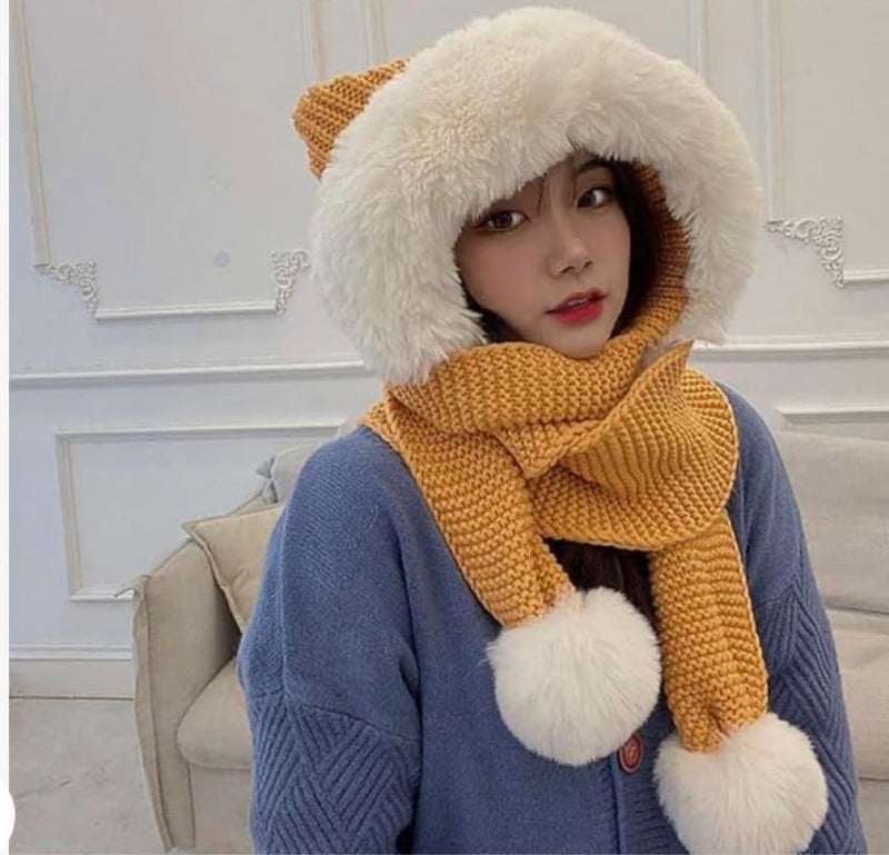 Richmen Winter Cap for Women Woolen Cap Attached with Mufflers for Girls & Ladies Stylish Soft Knitted Fleece Lined Pom-Pom Hat Warm Caps for Women Winter Wear - Image 2