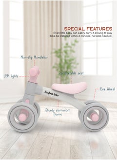 BAYBEE Kids Balance Bike Tricycles for Kids, 4 Wheels Toddlers Bike Ride on Toy with Widened EVA Wheels & Led Light Indoor Outdoor Play Baby Balance Cycle for Kids 12 to 24 Months Boys Girls Pink  - Image 3